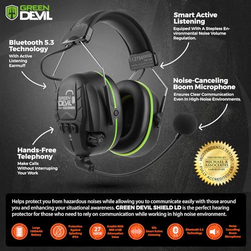 GREEN DEVIL Electronic Bluetooth Hearing Ear Protection Headphones With Boom Microphones 27dB Noise Cancelling Earmuffs - color: Green