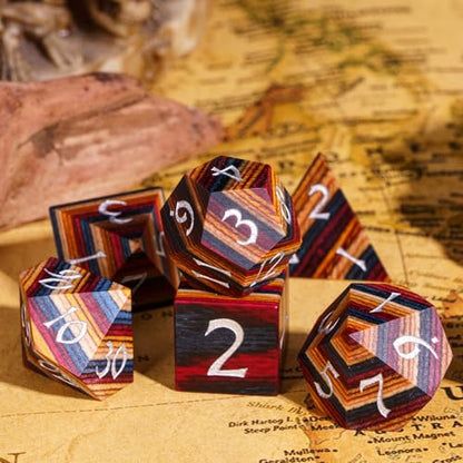 Wooden Dice Set Yellow Striped Wood DND Dice for D&D Tabletop Games | Iron Box, DM Gift, for Dungeons and Dragons Role Playing Games - color: Yellow Striped/Silver