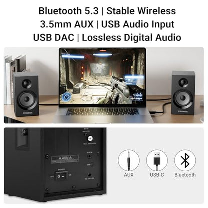 Powered Bookshelf Speakers HiFi Computer Gaming Monitors with Bluetooth 5.3 & 24-Bit USB DAC Stereo Speaker PC Speakers 3.5" Woofer,1" Silk Dome Tweeter, Adjustable Bass/Treble BT16-Black