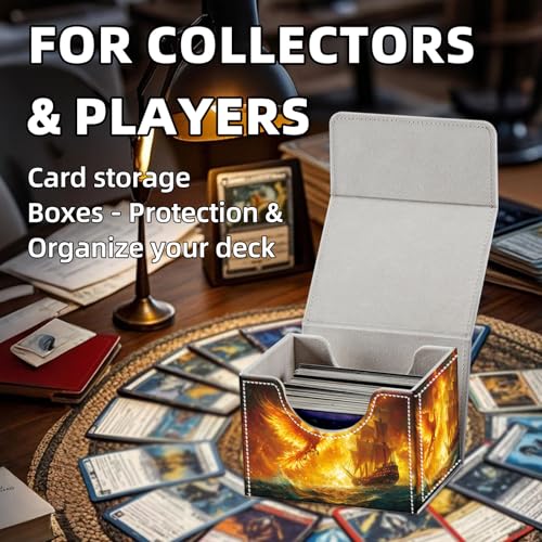 Trading Card Storage Box, Holds 100+ for MTG Cards, PU Leather with Magnetic Closure, Phoenix and Sailing Ship in Fiery Sky Durable Deck Box for Magic the Gathering, Trading Card Games - color: Phoenix and Sailing Ship in Fiery Sky