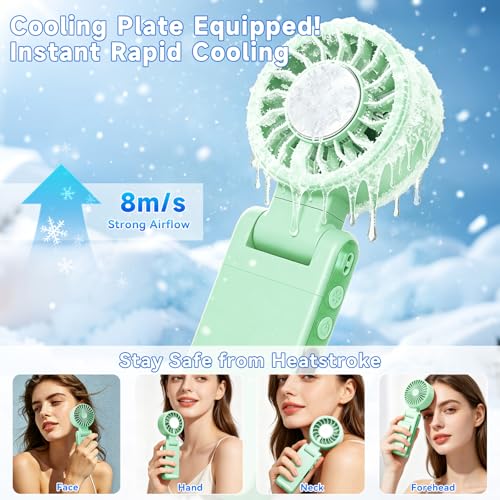 Handheld Portable Turbo Fan with Ice Cooling,5 Speed Rechargeable LED Display Foldable Hand Held Personal Clip/Neck/Waist Fan,180°& 360° Adjustable,Pocket Mini Fan for Outdoor/Home/Office (Green) - color: Green