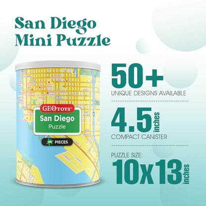 Geotoys San Diego Mini City Puzzle - 100 Piece Puzzles for Kids and Adults in Portable Can, 13" x 10" Educational Travel Puzzle for Ages 7 and Up - Mini Puzzles to Learn & Explore Geography - style: San Diego