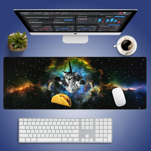 Cute Space Cat Meme Large Mouse Pad, Galaxy Kitten Chasing Taco Desk Mat | Cosmic Surreal Funny Pet Graphic, Vibrant Nebula, 31.5" x 11.8", XXL Gaming Stitched Mousepad, Smooth Surface Anti-Slip Base - color: Curious Cat
