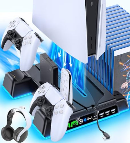 PS5/ Slim/Pro Stand for Disc & Digital Console, PS 5 Cooling Station with Dual Controller Charging Station for PlayStation 5 Console, 3-Level Fan PS5 Controller Charger Accessories Stand-Black - color: Black