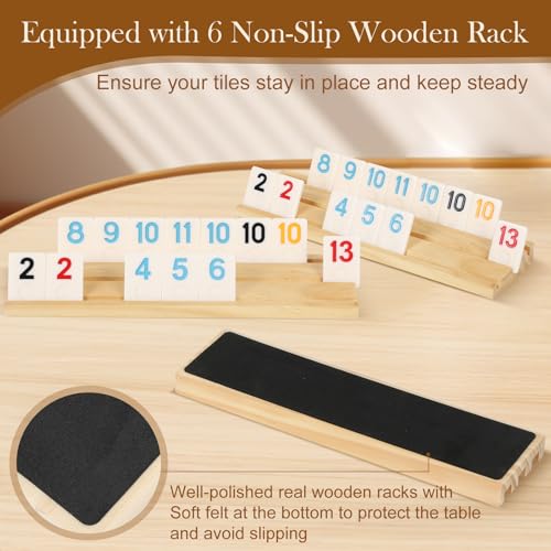 2-6 Players Rummy Game Gifts for Men Women Father Mother, Rummy Game W/ 6 Wooden Racks, 160 Melamine Tiles, Drawstring Bag, Portable Case, Family Board Games for Adults & Kids Age 8+