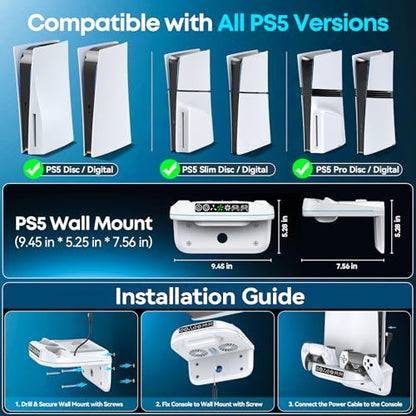 P S5 Wall Mount Kit with Cooling Fan and Charging Station Compatible with PS5/ Slim/ Pro Disc and Digital, PS Five Floating Shelf with 9 RGB Lights, PS 5 Mount Behind TV, P5 Accessories for Gaming, White - color: White