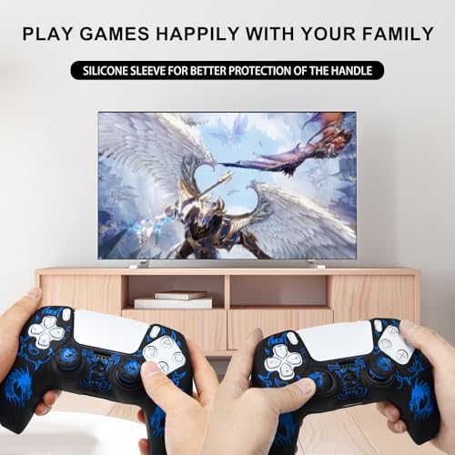 PS5 Controller Silicone Cover with Laser-Engraved Dragon Design - Non-Slip Grip Skin + 2 Dragon Thumbstick Caps | Stylish Protective Case for PlayStation 5 Controller - color: Lightning Dragon Blue