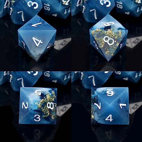 Haxtec Sharp Edge DND Dice Set, Gold Foil Resin Polyhedral RPG Dice | Blue D&D Dice for Role Playing Games, Compatible with Dungeons and Dragons, Handmade 7-Die with Metal Case, TTRPG Gifts - color: Blue White Gold