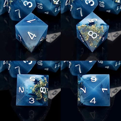 Haxtec Sharp Edge DND Dice Set, Gold Foil Resin Polyhedral RPG Dice | Blue D&D Dice for Role Playing Games, Compatible with Dungeons and Dragons, Handmade 7-Die with Metal Case, TTRPG Gifts - color: Blue White Gold