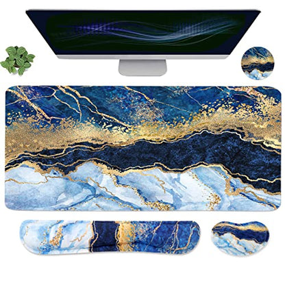 Ergonomic Large Mouse Pad and Keyboard Wrist Rest, Desk Pad for Keyboard and Mouse, 4-in-1 Large Gaming Mouse Pad with Wrist Support - Light Blue - color: Blue Gold Marble