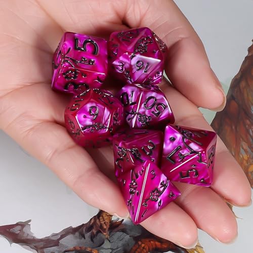 CiaraQ 7pcs Polyhedral Dice Set for Dungeon and Dragons MTG Table Games | Acrylic Role Playing Dice for D&D with Black Velvet Bag – Rose Red Pearl with Black Numbers & Plum Blossom Patterns - color: Rose Red and Black Floral Dice