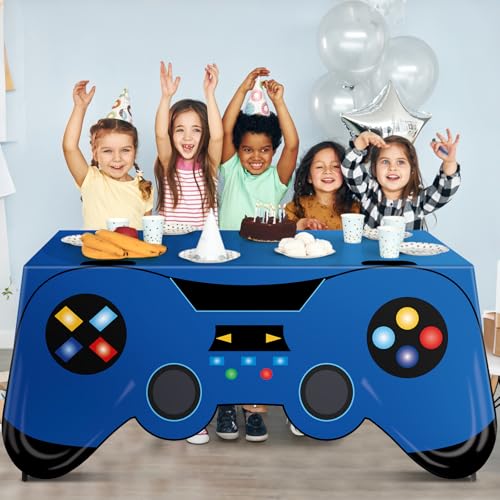 6 Ft Video Game Tablecloth Birthday Party Decoration Blue Gaming Controller Shaped Table Cover Game Pad Table Covers Protector Washable Polyester Party Supplies for Gamer Player Birthday Decoration