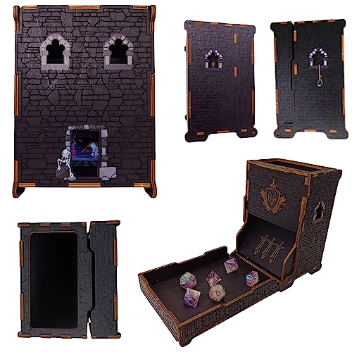 FOXBITE Dice Tower for Dungeons and Dragons Tower with Tray Wood Laser Etched DND Portable and Collapsible Dice Roller Perfect for Board Game and Tabletop RPG, Natural Wood Carved and Printed 5e