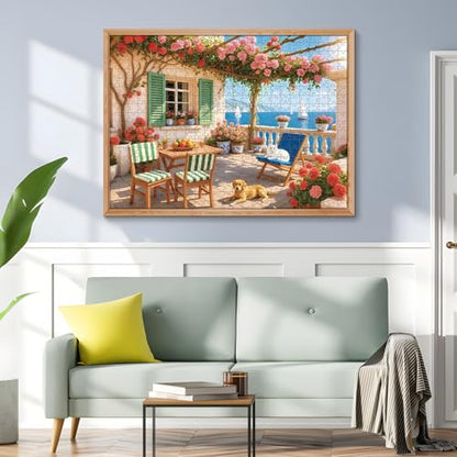 500 Piece Puzzles for Adults, Cozy Seaside Terrace Scene Jigsaw Puzzles with Dog and Cat, Relaxing 500 Piece Puzzle, Perfect for Family Time, Wall Decor, Gift for Adults, Seniors, 20.5 x 15 in - style: TERRACE