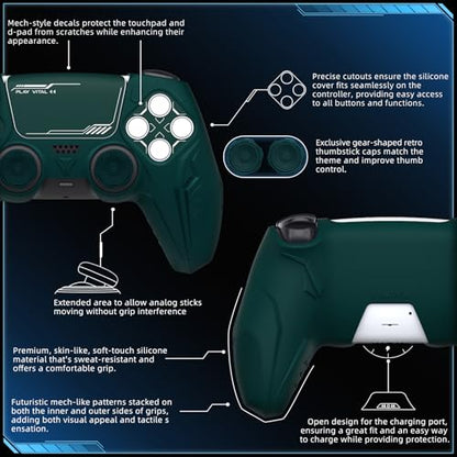 PlayVital Silicone Skin Set for PS5 Controller - Charging Dock Compatible, Full Protection Case with Futuristic CyberMech Design, Soft Cover with Thumb Grips & Stickers - Racing Green - color: Racing Green