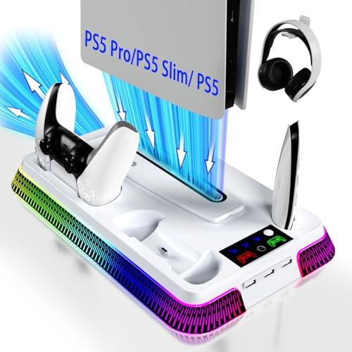 PS5 Cooling Station, PS5/Slim/Pro Stand with Dual Charging Station for PlayStation 5, PS5 Accessories Kits, Vertical Stand with 3 Levels Cooling Fan, Headset Holder for PlayStation5 Digital/Disc - color: Piano-White