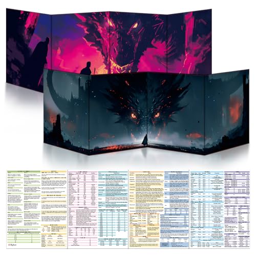 Byhoo 2 PCS DM Screen for D&D 5E with 2 Immersive Themes，Waterproof Reusable Surface, Tri-Fold Portable Design Folds to Approx. A4 Size DND Accessories Compatible with Players Handbook - style: Planar Realms - 2PCS: Inferno Gale&Oneiric rift