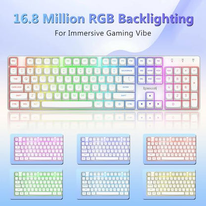 Redragon K710 Wireless Mechanical Gaming Keyboard, Bluetooth/2.4G/Wired Tri-Mode, RGB Backlit, Clicky Blue Switch, Rechargeable Battery, Solid Metal Panel, PBT Keycaps for PC/Mac, White