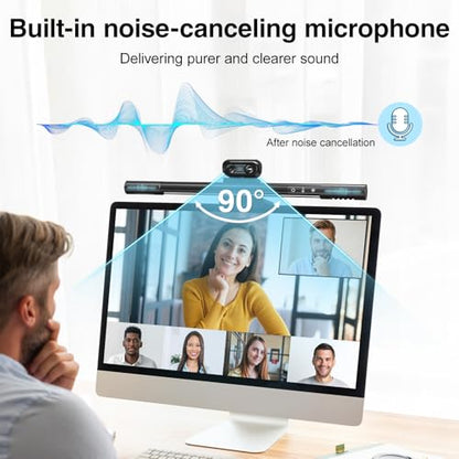 4-in-1 4K Webcam with Microphone and Speaker, Noise Cancellation, Privacy Cover, Auto Light Correction, 90° FOV , Plug & Play USB Camera with Monitor Light Bar, Webcam for PC/Meeting/Online Video