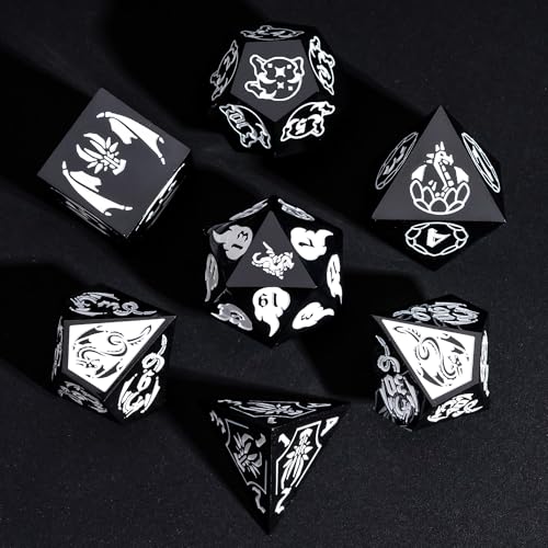 Cusdie 7-Piece Sharp Edges DND Dice Set with Dragon Pattern - Perfect for Tabletop RPGs Board Games Gifting and Collecting(Black with White Number) - color: Dragon Pattern B/W