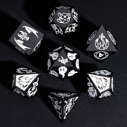 Cusdie 7-Piece Sharp Edges DND Dice Set with Dragon Pattern - Perfect for Tabletop RPGs Board Games Gifting and Collecting(Black with White Number) - color: Dragon Pattern B/W
