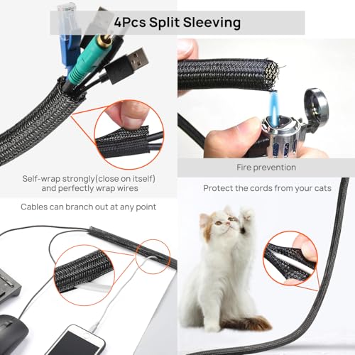 Cable Management Kit - 4 Cable Sleeve, 57 Self Adhesive Cable Clips, 12 Hanging Strips, 12 Cable Organizer Straps and 100 Fastening Cable Ties for TV Computer Under Desk (Black and White) - color: Black
