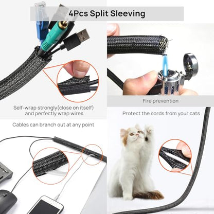 Cable Management Kit - 4 Cable Sleeve, 57 Self Adhesive Cable Clips, 12 Hanging Strips, 12 Cable Organizer Straps and 100 Fastening Cable Ties for TV Computer Under Desk (Black and White) - color: Black