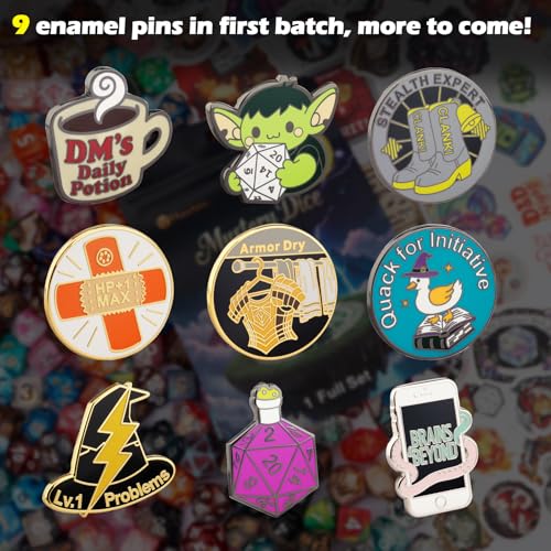 Haxtec Mystery Metal DND Dice Set 7pcs Polyhedral Dice + 3 Funny Waterproof Stickers + 1 Enamel Pin, Metal Dice for Dungeons & Dragons, Possible Hollow Dice, Great DND Gift, No Duplicates in 2/5 Packs - style: Metallic + Pin