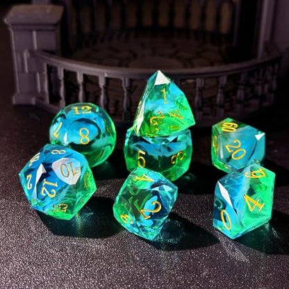 HAOMEJA Colorful Polyhedral Resin Dice Set, Hand-Cut Diamond Facet Optical Dice | Perfect for RPG, Tabletop & Board Games | Halloween, Christmas & Birthday Gift (Blue White Green) - color: 4 Blue White Green