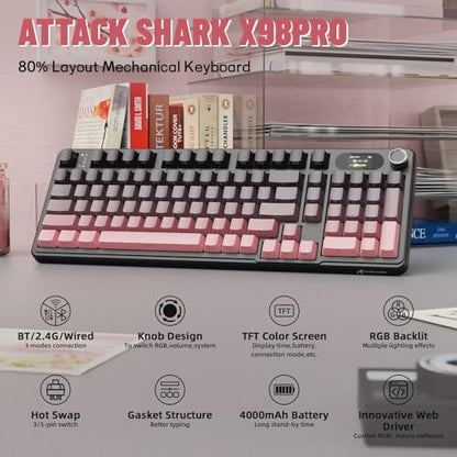 MAMBASNAKE Attack Shark X98 Pro Wireless Mechanical Keyboard with Screen & Knob, 2.4G/USB-C/BT5.0 Gasket Hot Swappable Creamy Keyboard102 Keys, Web Driver RGB Gaming Keyboard for PC/Mac/PS4/Xbox - color: Pink