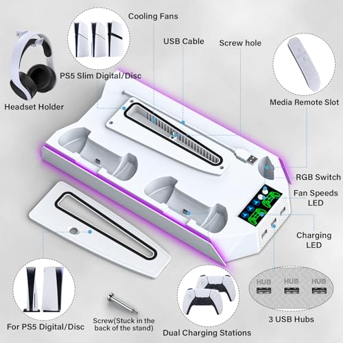 Slim Cooling Station Stand LED with Dual Controller Charging Station for PlayStation 5 Console, PS 5 Accessories Incl. Controller Charger, Cooling Fan, Headset Holder, 3 USB Hub- LED White - color: RGB WHITE