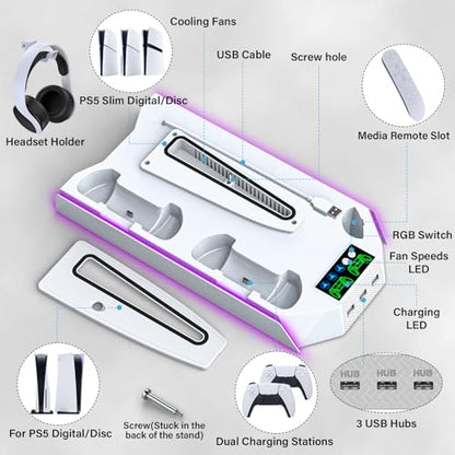 Slim Cooling Station Stand LED with Dual Controller Charging Station for PlayStation 5 Console, PS 5 Accessories Incl. Controller Charger, Cooling Fan, Headset Holder, 3 USB Hub- LED White - color: RGB WHITE