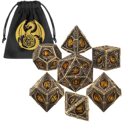 Metal Dice Set, Dragon Eye Theme, 7pcs Polyhedral Metal DND Dice Set, DND Starter Set, D&D Gifts with Gift Bag, Role Playing Board Games Accessories, Bronze Amber - color: Bronze Amber With Gift Bag