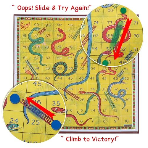 Classic Snakes and Ladders Board Game – Foldable Family Board Game with Dice & Pawns, Retro Educational Toy for Kids & Adults, Travel Portable Game Set for 2-4 Players Ages 3+ - color: Snakes and Ladders