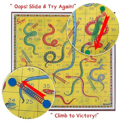 Classic Snakes and Ladders Board Game – Foldable Family Board Game with Dice & Pawns, Retro Educational Toy for Kids & Adults, Travel Portable Game Set for 2-4 Players Ages 3+ - color: Snakes and Ladders