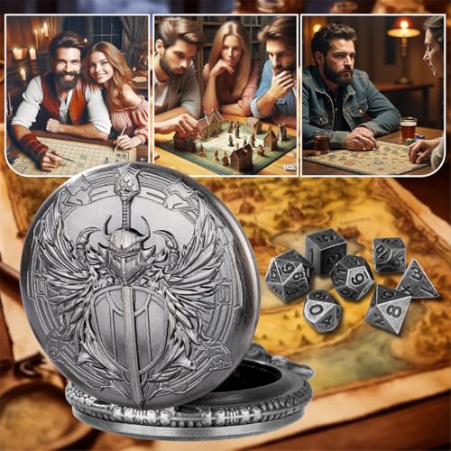 Mini DND Dice Set with Steampunk Paladin Pocket Watch Shell Case, DND Starter Set, 7pcs Polyhedral Mini Metal Dice Set, DND Gifts with Gift Bag, Role Playing Board Game Accessories, Silver - color: Dark Silver