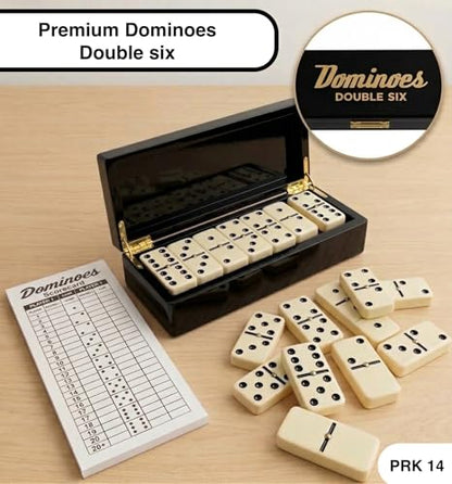 PRK 14 Double Six Dominoes Gift Set – 28 Tiles with Spinners in Premium Wooden Storage Box – Classic Domino Set for Adults with Score Pad – Family Night & Collector Edition