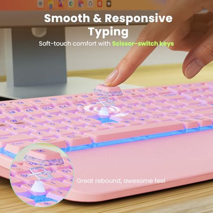 Pink Keyboard and Mouse Wireless Combo, 4000mAh Rechargeable Backlit Quiet Keyboards mice set, USB Ergonomic Key Board with Wrist Rest & Phone Holder for PC, Mac, Windows, Natural Soft Typing —SABLUTE - color: Pink