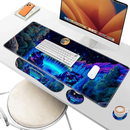 Desk Pad and Keyboard Wrist Rest, Large Mouse Pad + Keyboard Pad+Mouse Wrist Support, Non-Slip Desk Mat Protector for Office, Home 31.5×11.8 Inches Waterfall - color: Waterfall