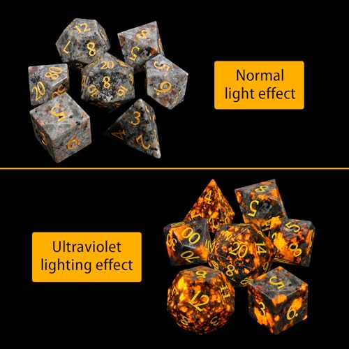 LUCKY-M Natural Flame Yooperlite Gemstone DND Dice, Birthday Gifts for Him, 7PCS Dungeons and Dragons Dice Set with Case for RPG, Handmade Cool Dice Sets D&D - color: Yooperlite Gemstone