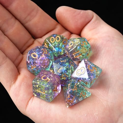 Prismatic Realm Resin Dice Set for DND – 7pc Polyhedral Set with Glitter & Foil – Stunning and Cool RPG Dice for Dungeons & Dragons, and Other TTRPGs – Unique Natural Distribution - color: Prismatic Realm
