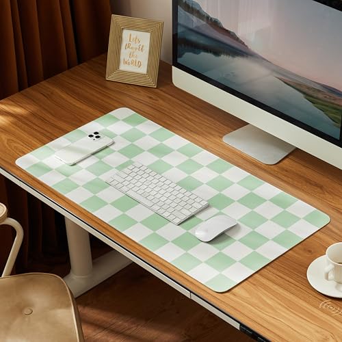 Ohocut Checkered Desk Mat, 31.5" x 15.7" Large Cute Sage Green Aesthetic Retro Accessories PU Leather Computer Laptop Desk Mat, Mouse Keyboard Pad, Desk Writing Makeup Mat for Vanity/Work/Home Decor - color: Green, size: 31.5" x 15.7"