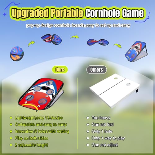 ROSE ME Corn Hole Boards Set, Double Sided, Portable, 3x2 ft, with 5 Holes | Collapsible, with 8 Bean Bags, 12 Sticky Balls, Free Carry Case, Adults Outdoor Toss Games for Yard Lawn Beach Indoor