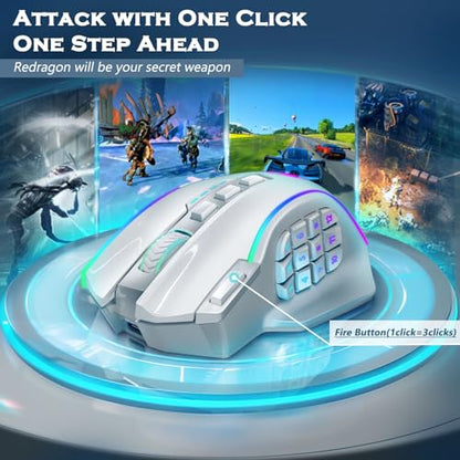 Redragon Wireless Gaming Mouse, MMO Gaming Mouse UP 16,000 DPI, 16 Macro Programmable Buttons, RGB Rechargeable Mouse with 12 Side Buttons, 70Hrs for PC Laptop MOBA FPS, White,M901P-WS - color: white
