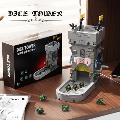 Dice Tower Castle Building Set, Creative Tabletop Games Toy with 7-Die Polyhedral Dice for DND Pathfinder, Suitable for Gamers and Enthusiasts