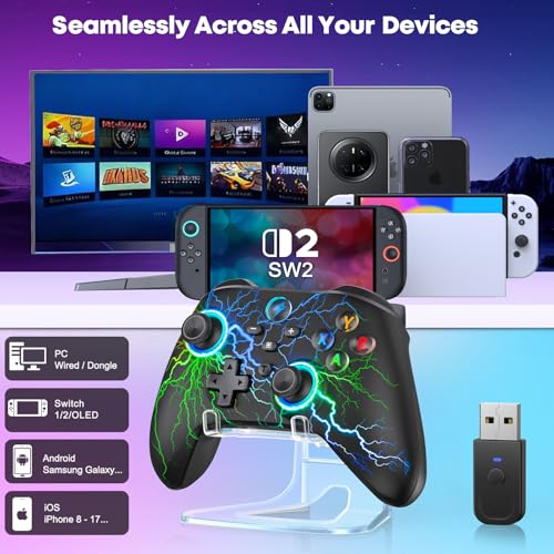 Wireless PC Gaming Controller -RGB Lightning Pro Gamepad for Windows PC, Switch, Switch 2, Android & iOS, with Programmable Back Buttons, Turbo, 1000mAh Battery & Stand (2.4G/USB-C/Bluetooth)