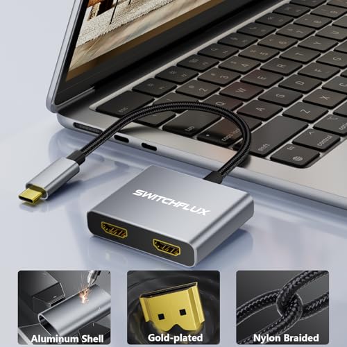 USB C to Dual HDMI Adapter, 4K@60Hz Dual Monitor Adapter for Extended & Mirror Display, HDMI Splitter Compatible with MacBook Pro/Air, Dell, HP, and Lenovo laptops - size: 6.2inch