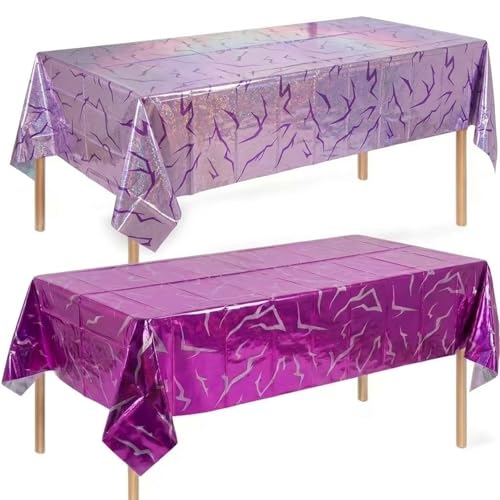 2 Pack Demon Hunters Birthday Decorations Tablecloth, Purple Disposable Waterproof Iridescent Holographic Laser Table Covers for katseye Birthday Decorations, 54x108 Inch - color: 1redpurple 1bluepurple