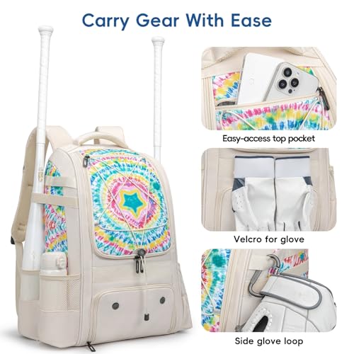 KAVIGOR Baseball Bag for Youth | Softball Backpack 50L Large Capacity with Shoe Compartment and 4 Bat Holders | Nova Flare Series - color: Beige