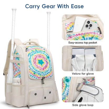 KAVIGOR Baseball Bag for Youth | Softball Backpack 50L Large Capacity with Shoe Compartment and 4 Bat Holders | Nova Flare Series - color: Beige